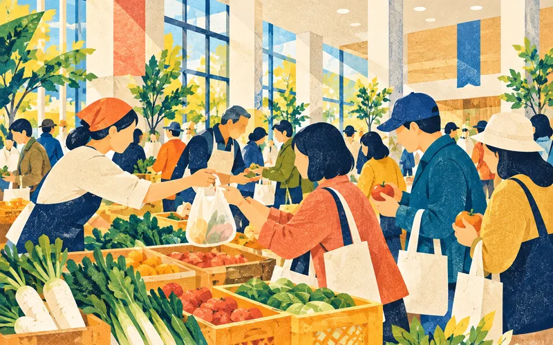 産業まつりで農産物を選ぶ人々のイメージ
