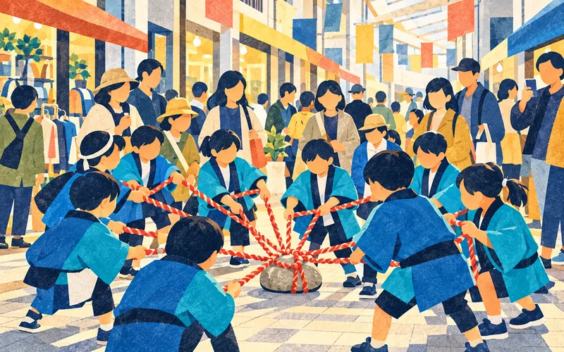 商店街で子どもたちが亥の子石を囲み、綱を持つ巡行のイメージ